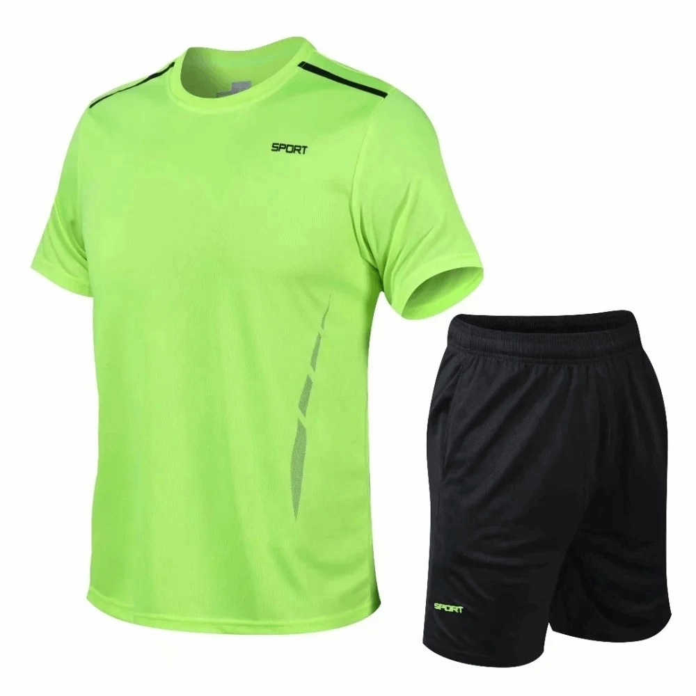 Bright green and black O-neck sportswear set for men, perfect for running and fitness, made of breathable polyester material.