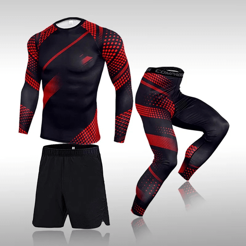 Men's Athletic Performance Wear Set SF2032, includes shirt, leggings, and shorts for bodybuilding, running, fitness, or yoga.