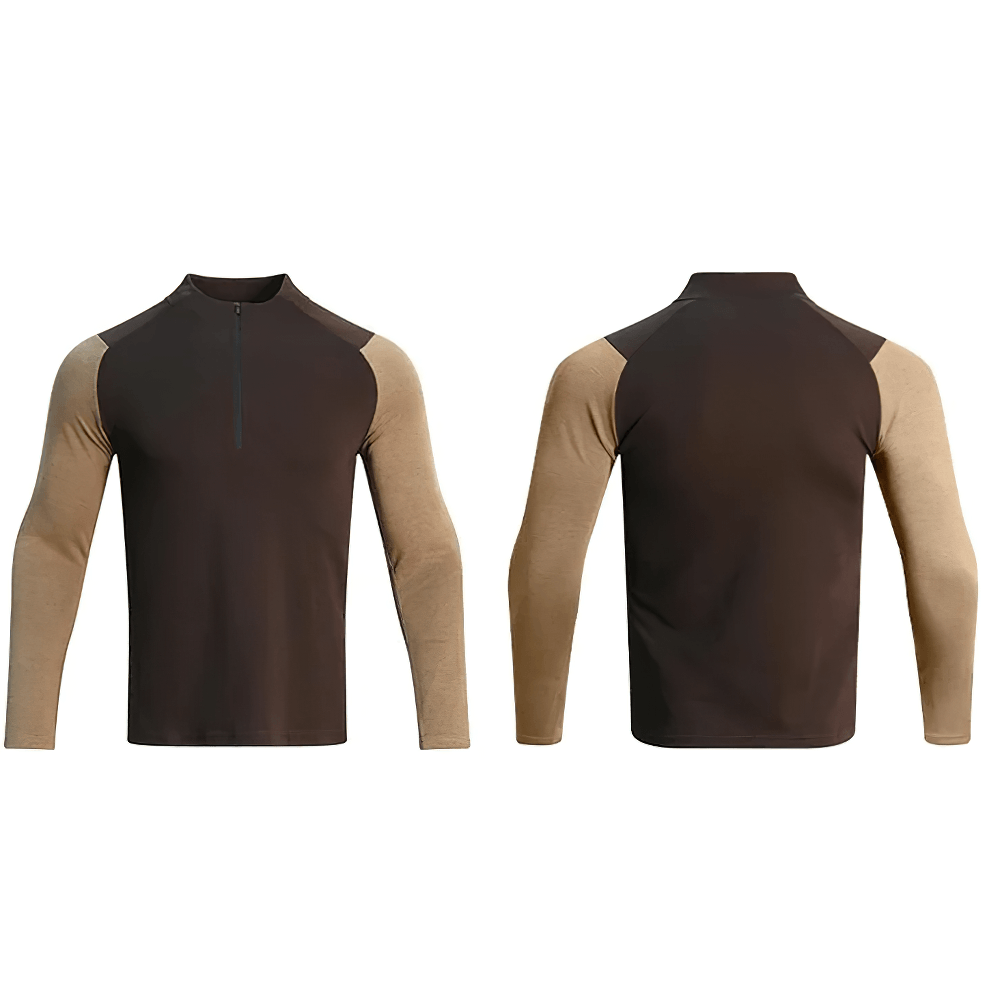 Athletic Raglan Long-Sleeved Training Top for Men - SF4580 in dark brown and tan, featuring a quarter-zip and raglan sleeves.
