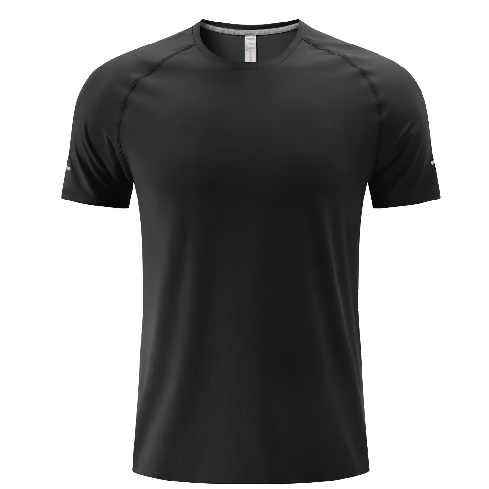 Men's black quick-dry athletic T-shirt with short sleeves, ideal for gym and outdoor activities. Lightweight polyester activewear.