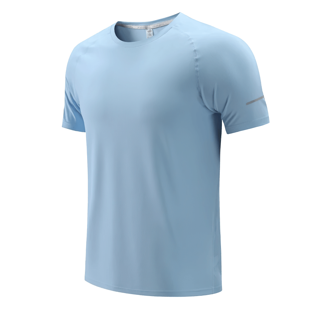Light blue quick-dry men's gym T-shirt with short sleeves and O-neck design for activewear and outdoor sports.
