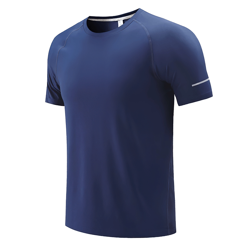 Men's athletic short sleeve quick dry training T-shirt in navy blue, ideal for gym and outdoor workouts with lightweight, breathable fabric.