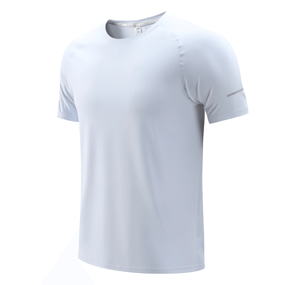 Men's white quick-dry athletic short sleeve gym T-shirt, perfect for workouts and outdoor activities.