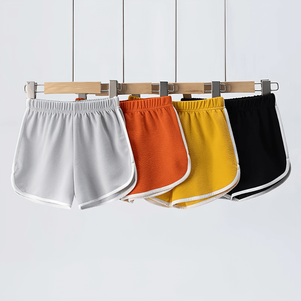 Athletic Shorts With Elastic Waist and Side Trim - SF3732 in four colors hanging