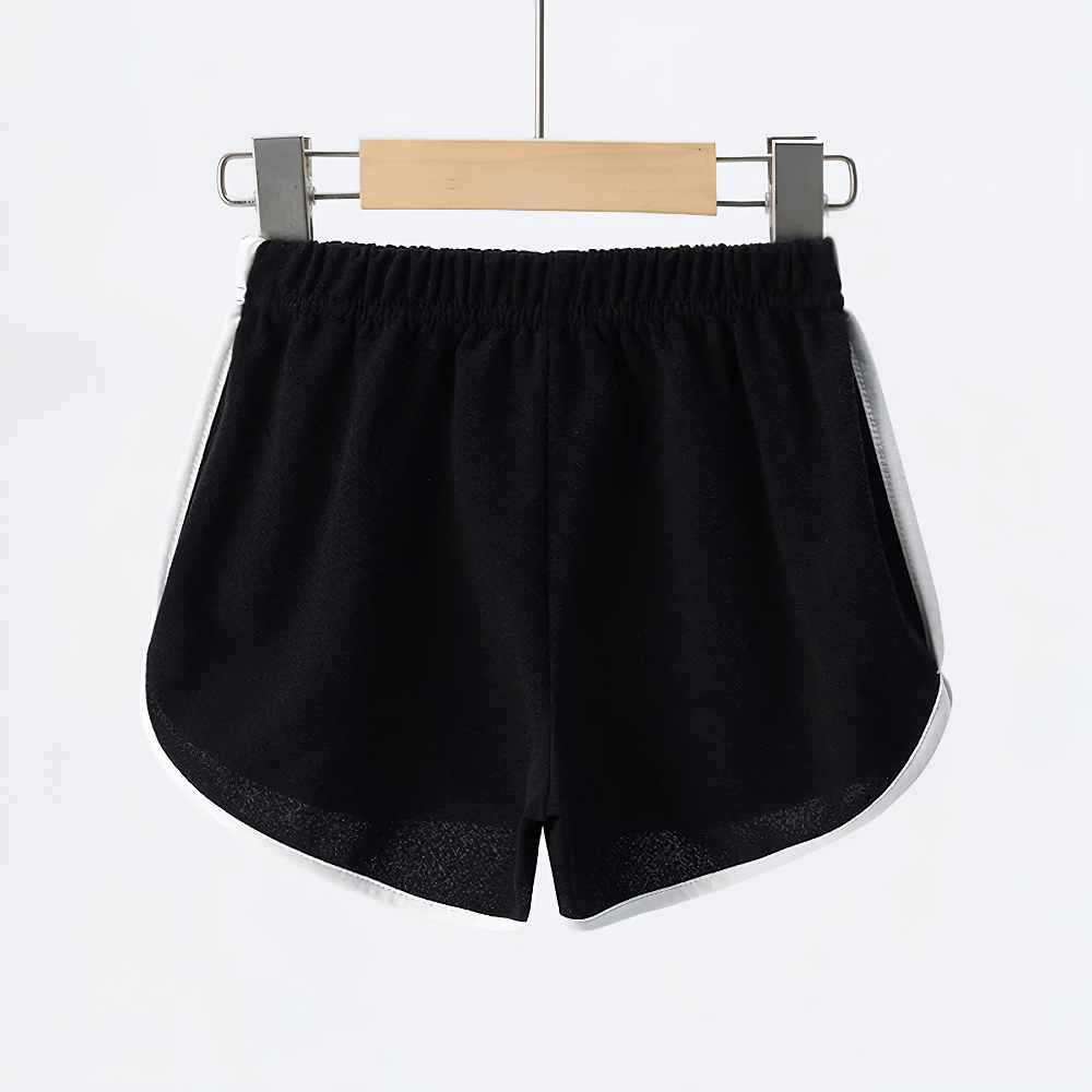 Athletic Shorts With Elastic Waist and Side Trim - SF3732, black color displayed on hanger, showcasing the side trim and elastic waist.