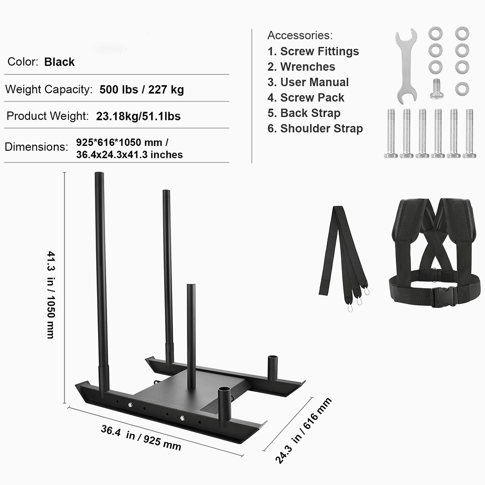 Black Athletic Speed Training Sled and Harness Set with accessories for enhancing strength and speed, weight capacity 500 lbs.