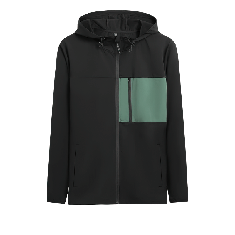Men's athletic windbreaker with hood and zip, black and green color-block, SF2010. Sporty polyester jacket ideal for outdoor activities.