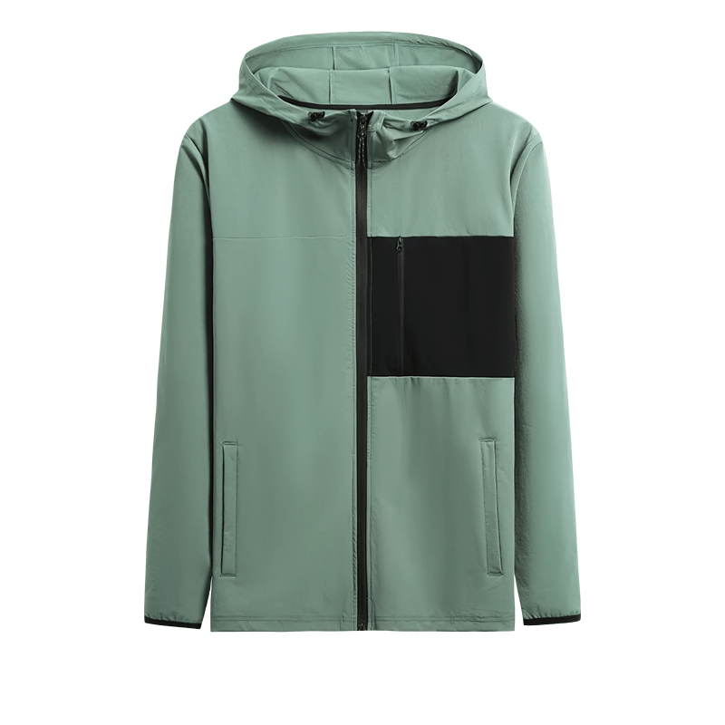 Men's sporty zip-up windbreaker, SF2010, in sleek color-block design, ideal for outdoor adventures. Durable polyester with practical pockets.