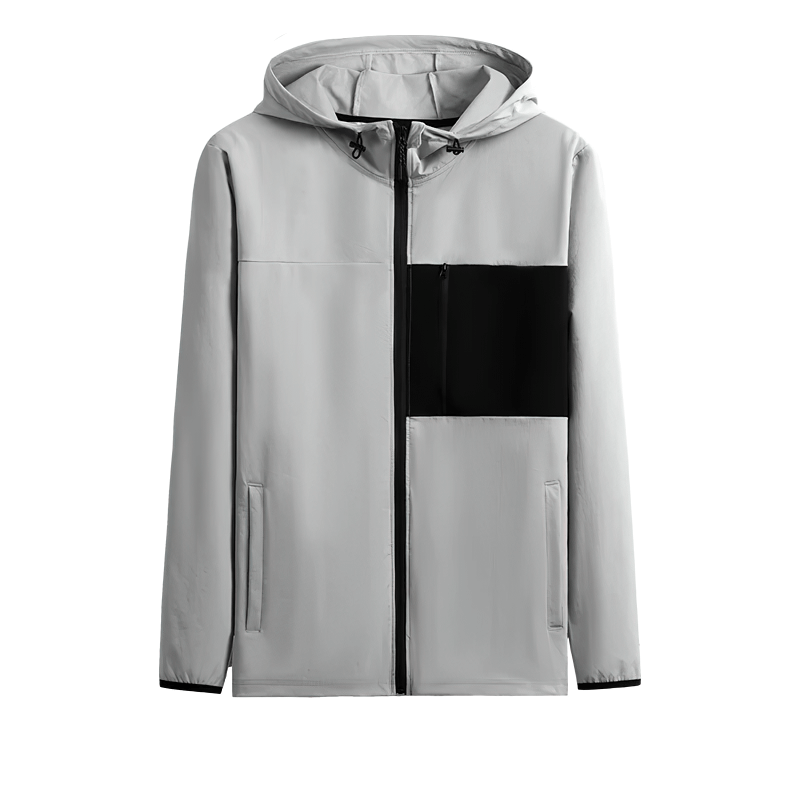 Athletic men's windbreaker SF2010 in gray with zip-up hood and color-blocking, perfect for outdoor activities and casual wear.