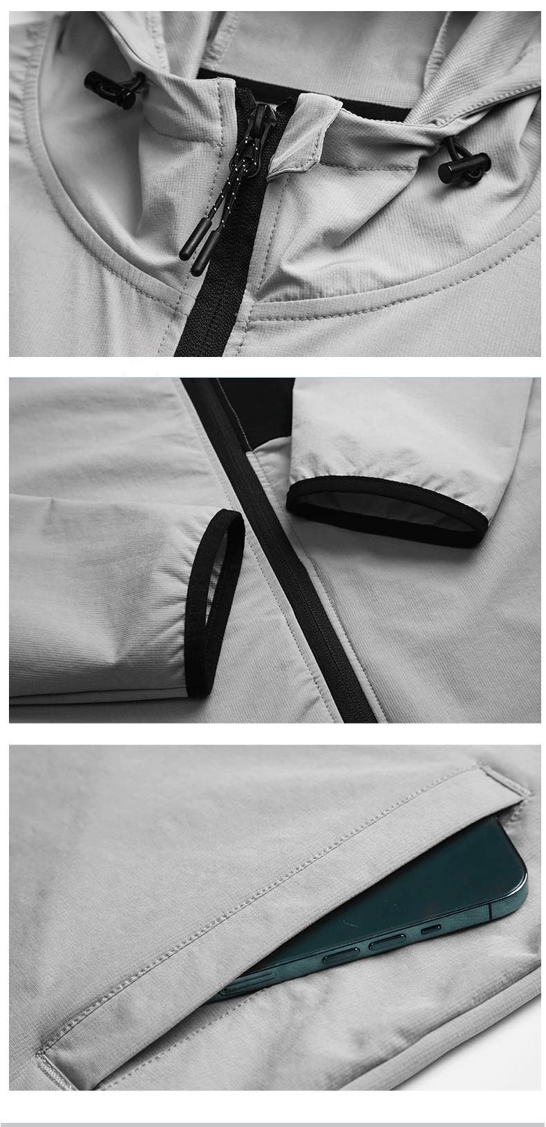 Close-up of men's zip-up athletic windbreaker hoodie with sleek color-blocking and practical pockets for an active lifestyle.