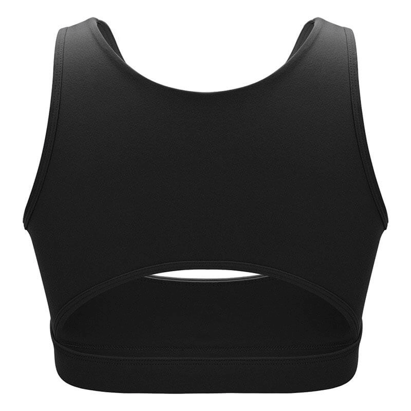 Back view of black athletic women's sports bra, fitness yoga sportswear, featuring breathable quick-dry fabric and elastic fit.