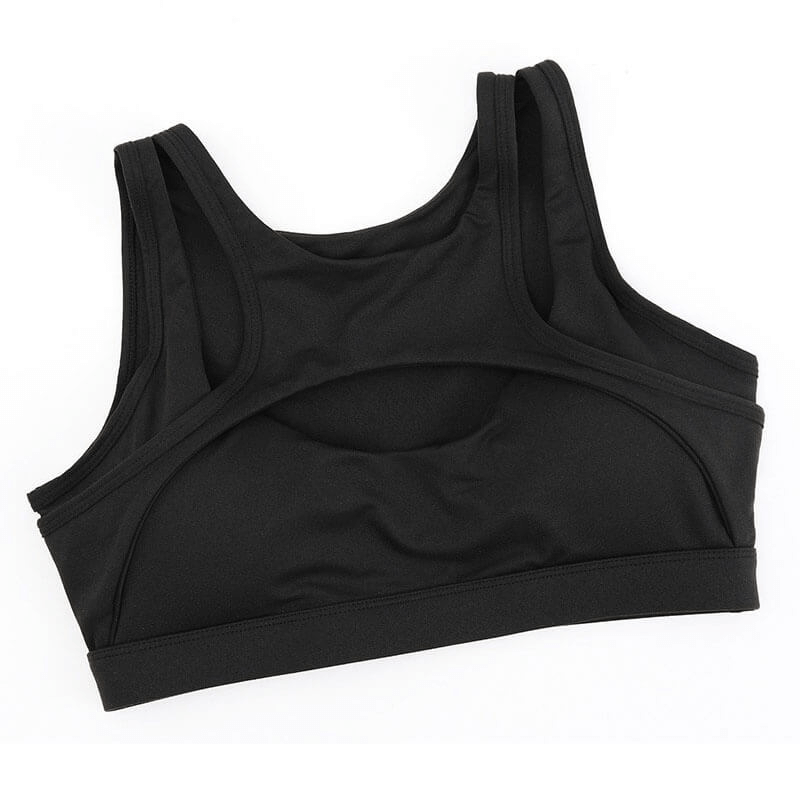 Black athletic women's sports bra for yoga, fitness, and running, made with breathable, quick-dry fabric for comfort and durability.