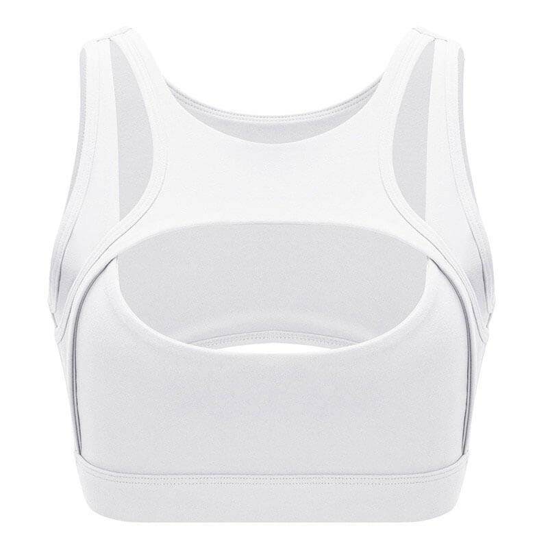 Athletic women's sports bra in white, ideal for yoga and fitness, featuring breathable quick-dry fabric and spandex-nylon blend.