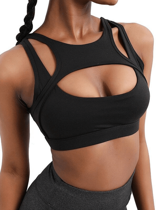 Athletic women's sports bra, black, breathable and supportive, ideal for yoga and running, SF0974 sportswear, no zipper closure.