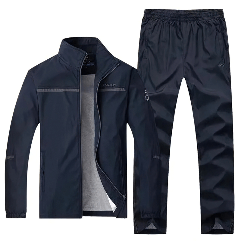 Men's zip-up tracksuit with stylish mandarin collar jacket and elastic waist pants in navy, perfect for outdoor sports and fashion.