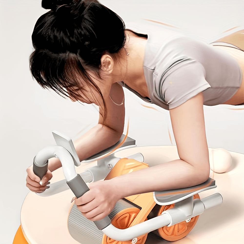 Woman using automatic rebound ab roller SF2806 with elbow support, multi-wheel design for core workouts at home or gym.