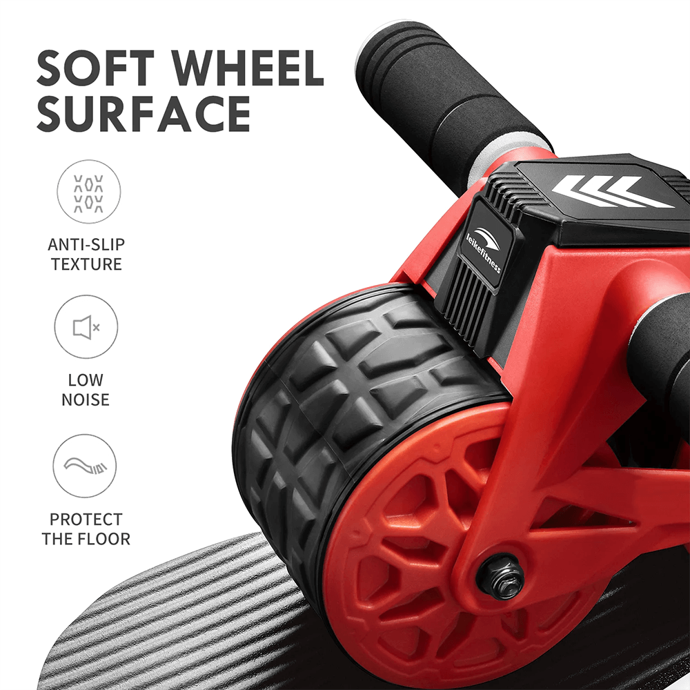 Close-up of Automatic Rebound Ab Wheel Roller with soft anti-slip surface, designed for low noise and floor protection during core workouts.