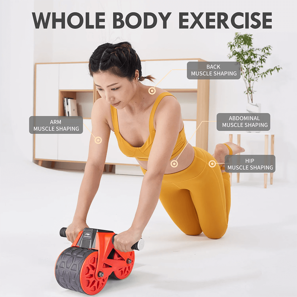 Woman using automatic rebound ab wheel roller for full body exercise at home.