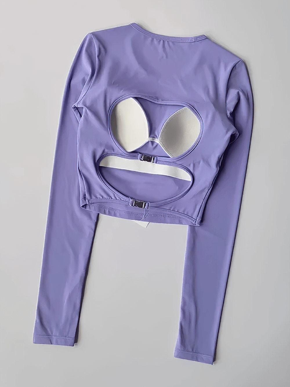 Backless Hollow Long Sleeve Yoga Top with Pads - SF4134 in purple with cut-out design.