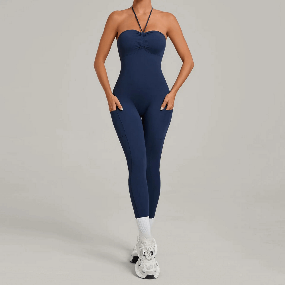 Backless Yoga Jumpsuit with Pockets and Halter - SF4261, seamless sport one-piece for gym, Pilates, and dance, in sleek navy blue.