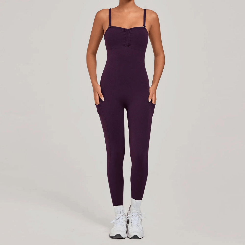 Backless Yoga Jumpsuit with Pockets and Halter - SF4261 in a sleek design, perfect for gym workouts and Pilates, shown in rich purple.