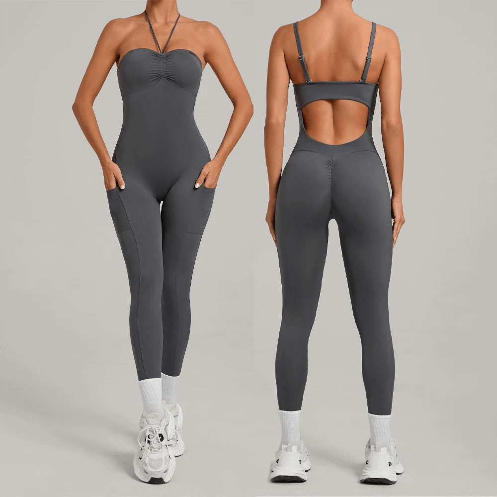 Model wearing Backless Yoga Jumpsuit with Pockets and Halter - SF4261 showcasing front and back view.