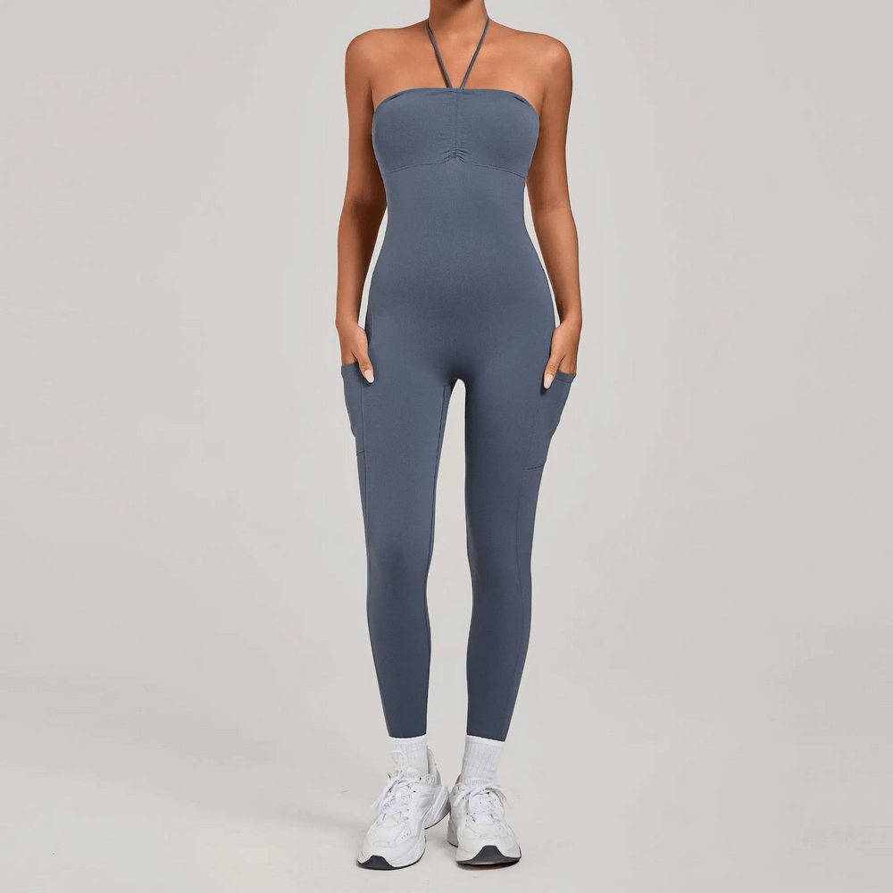 Backless Yoga Jumpsuit with Pockets and Halter - SF4261, seamless sport one-piece bodysuit for gym, Pilates, and dance.