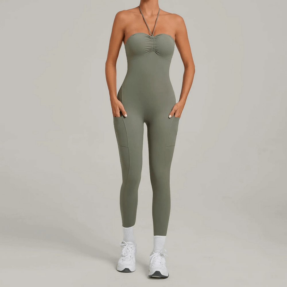 Backless Yoga Jumpsuit with Pockets and Halter - SF4261 in olive green showcased, perfect for gym, Pilates, and fitness.