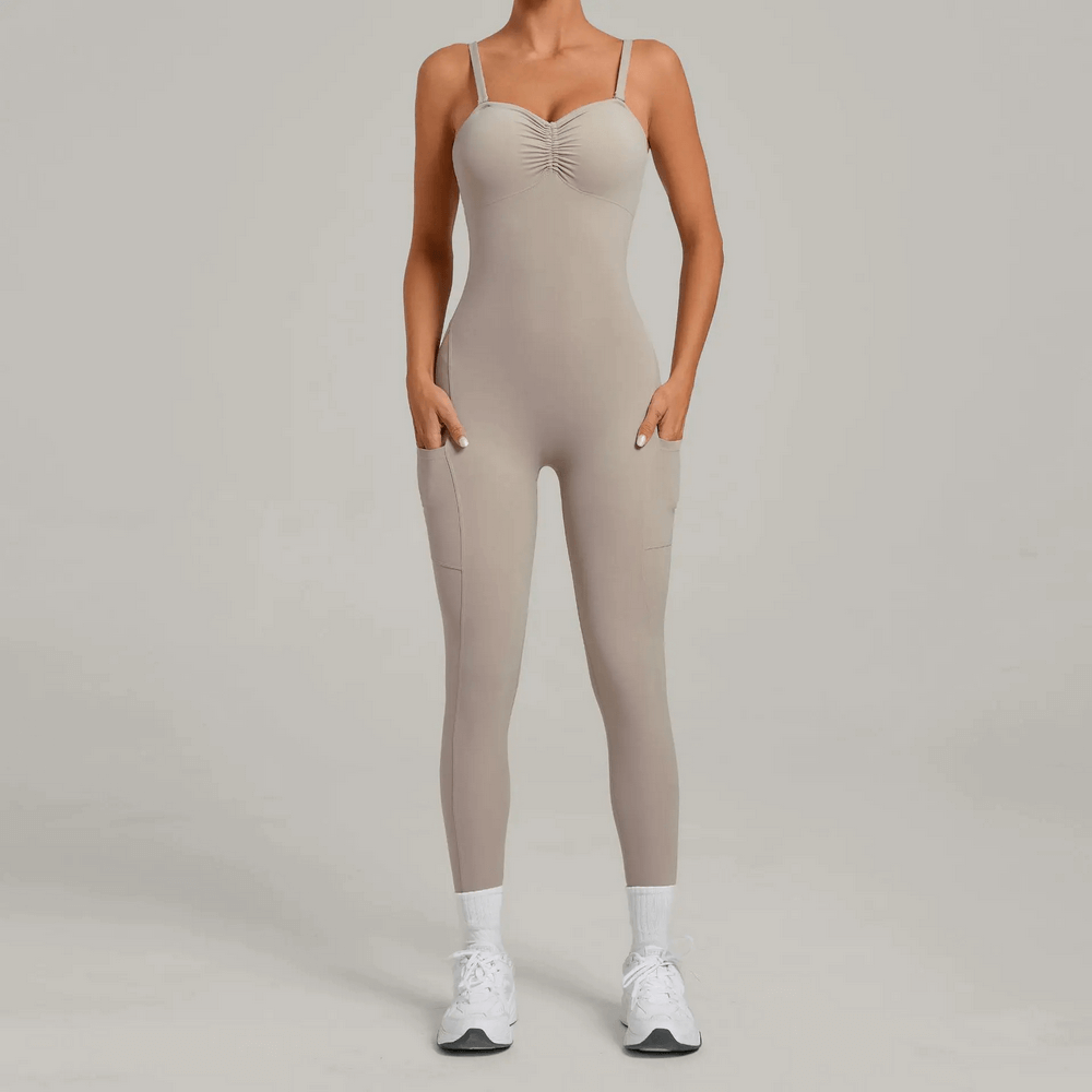 Backless Yoga Jumpsuit with Pockets and Halter - SF4261 in beige for gym and Pilates with soft fabric and side pockets.