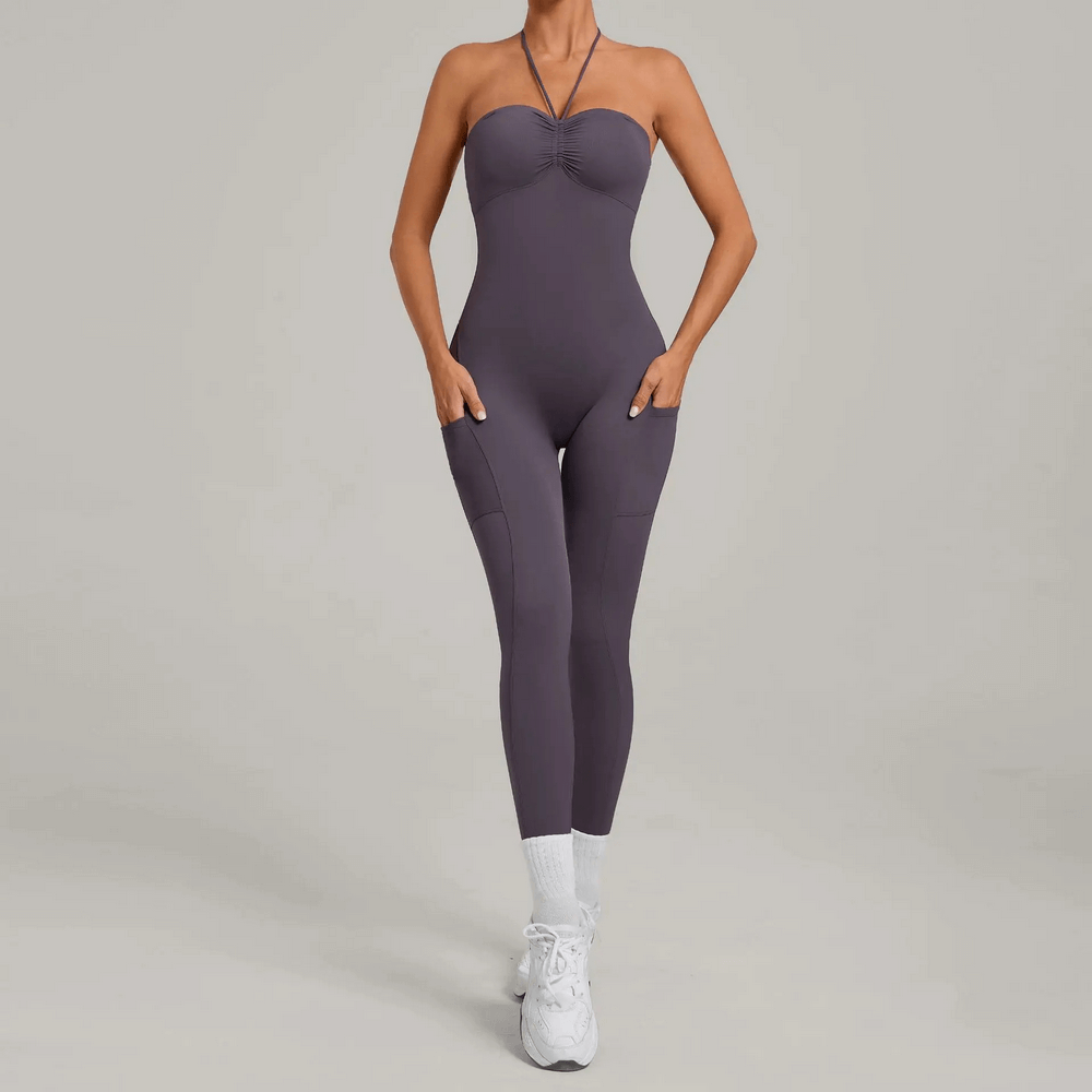 Backless Yoga Jumpsuit with Pockets and Halter - SF4261 in sleek design for gym workouts, Pilates, featuring side pockets and seamless fit.