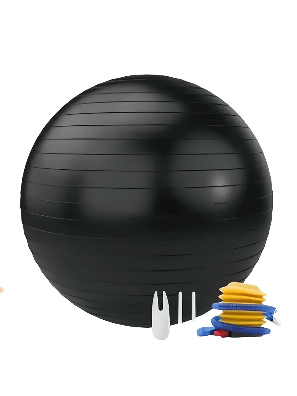 Black balance ball with accessories for home fitness, pregnancy exercises, and rehabilitation. Enhance yoga and Pilates routines.