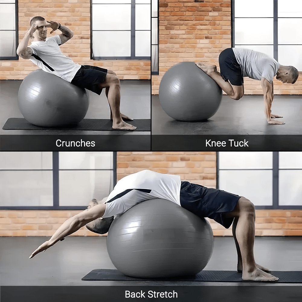 Man using exercise stability ball for crunches, knee tuck, and back stretch workouts in a gym setting.