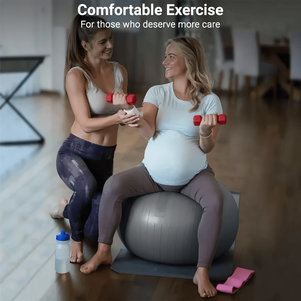 Pregnant woman exercising on stability ball with friend assisting, promoting comfort and care for prenatal fitness and rehabilitation.