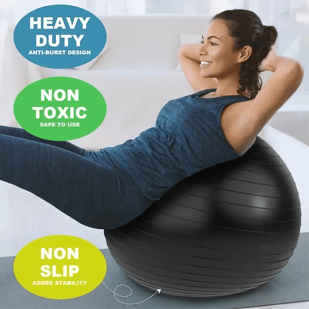 Woman using a black stability ball for core exercises with labels: Heavy Duty, Non Toxic, Non Slip. Ideal for home fitness and rehabilitation.