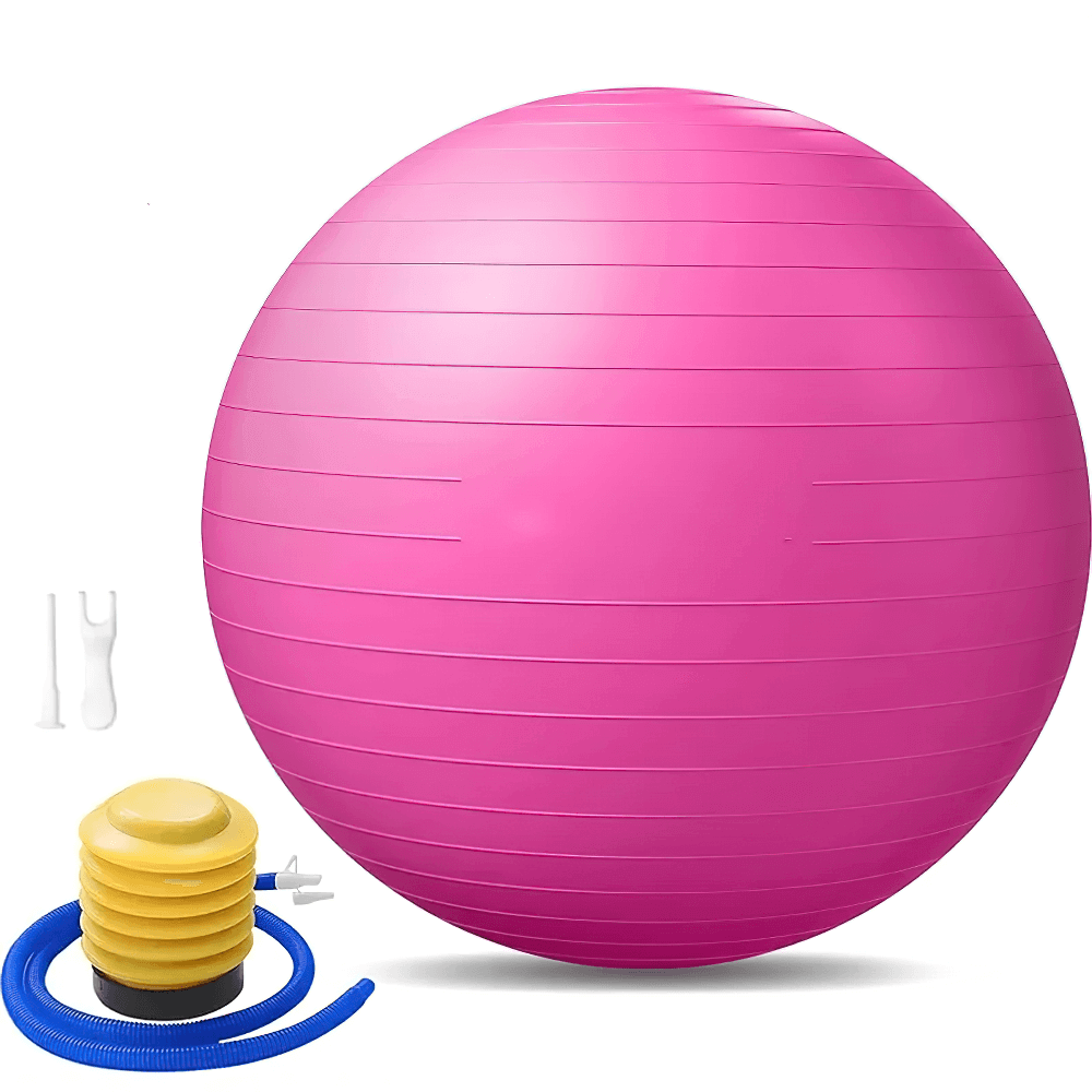 Pink balance ball with pump and accessories for home fitness, gym use, pregnancy and rehab exercises, and core strengthening.