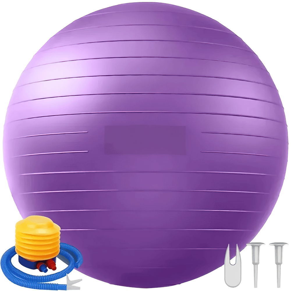 Purple stability balance ball set for home fitness, gym workouts, pregnancy exercises, and rehabilitation with pump and accessories.