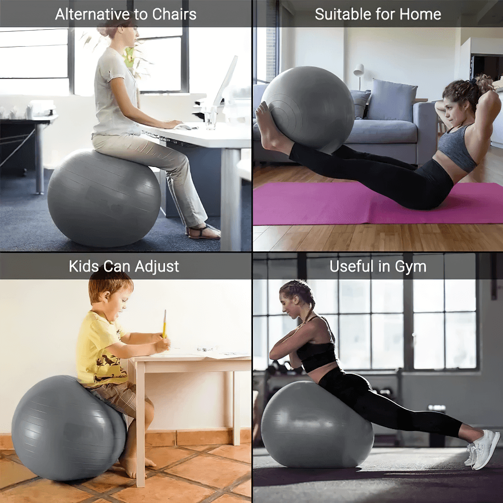 Fitness balance ball used for desk seating, home exercise, kids' adjustment, and gym workouts - versatile and supportive.