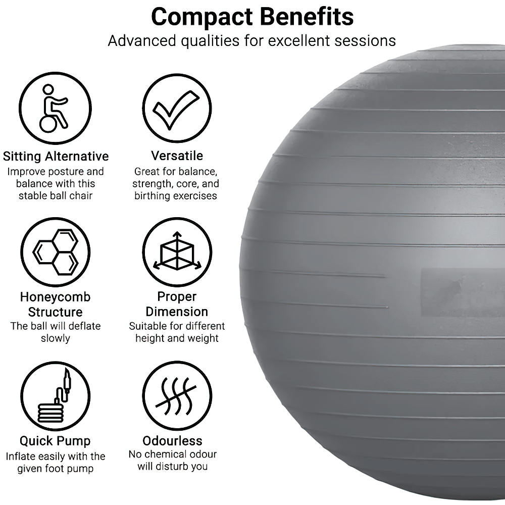 Balance ball with compact benefits for fitness, pregnancy, and rehab, featuring versatile use, quick pump, and odorless design.