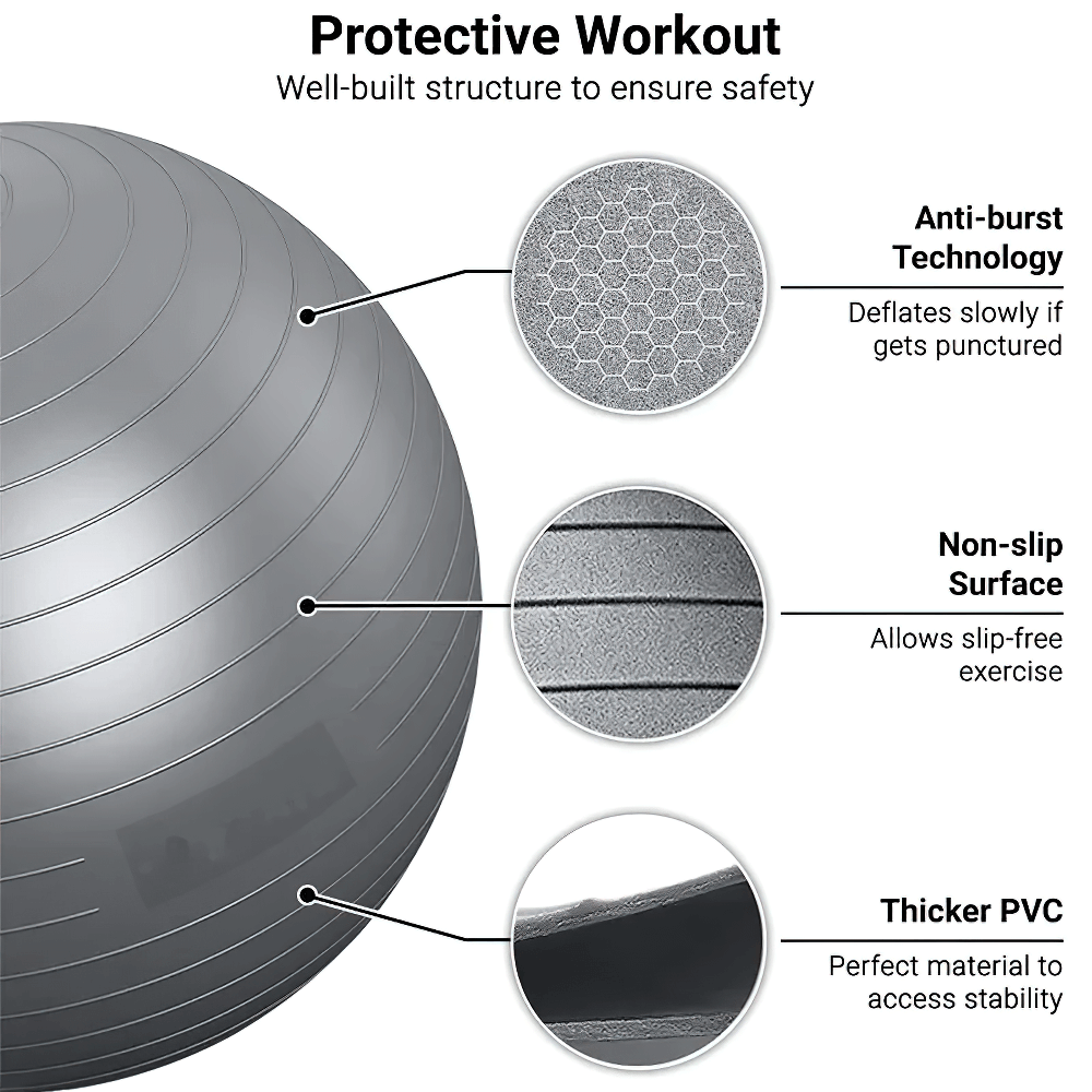 Protective workout balance ball with anti-burst technology, non-slip surface, and thicker PVC for safe home and gym fitness.