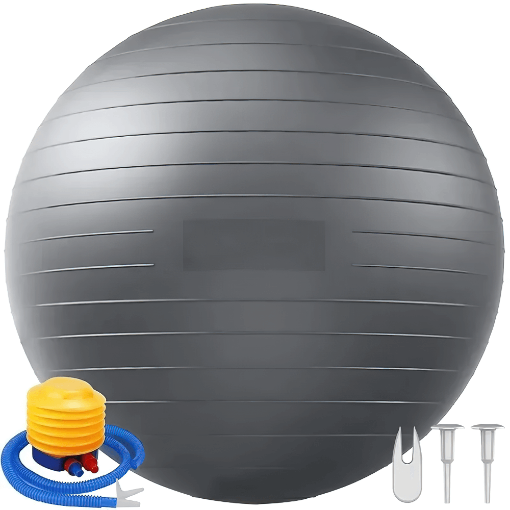 Gray stability ball with pump and accessories for home fitness, yoga, Pilates, pregnancy, and rehab exercises, SF3271 model.
