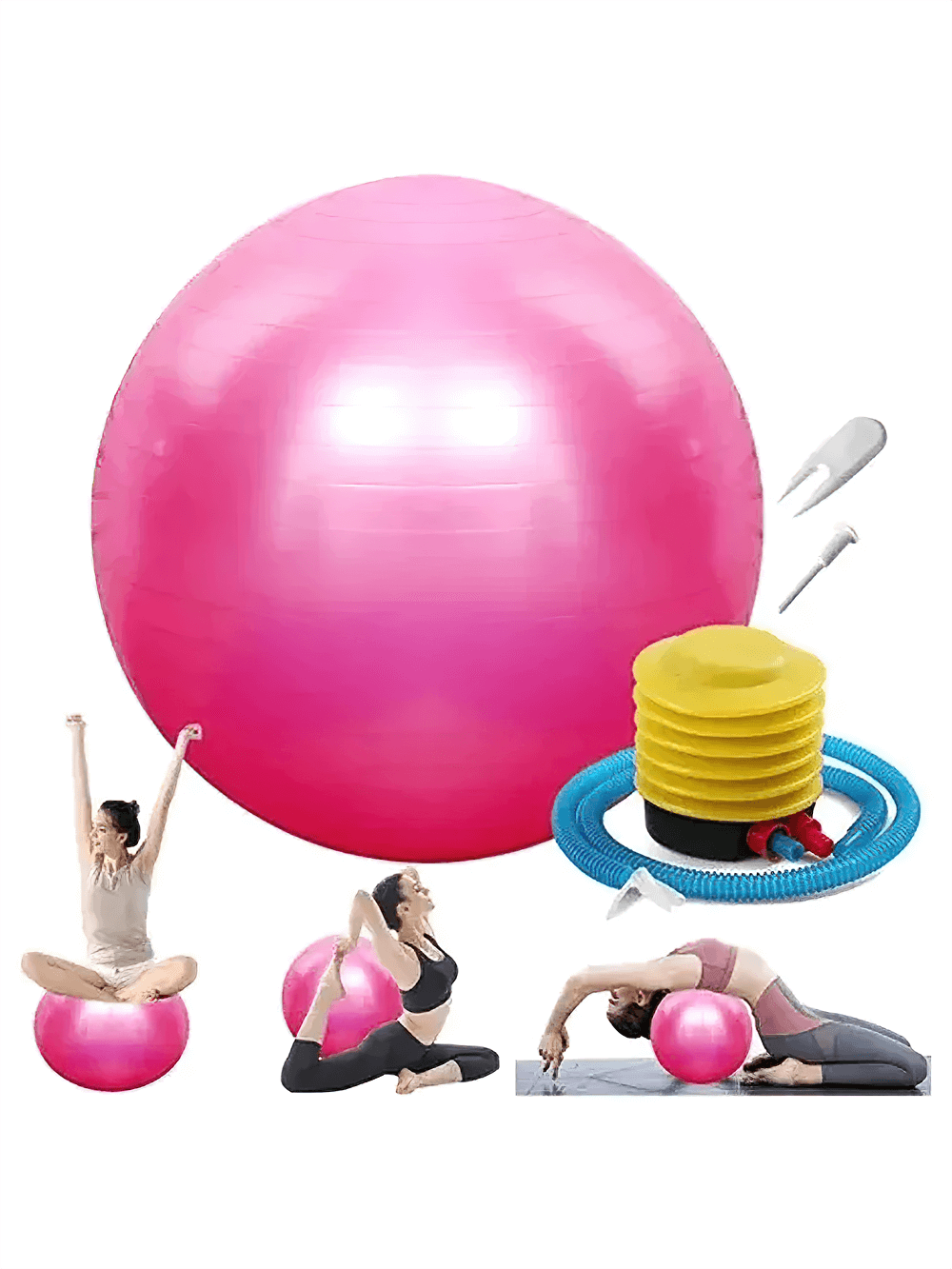 Pink balance ball for yoga, Pilates, and pregnancy exercises with accessories. Enhance home fitness, increase stability, and strengthen core.