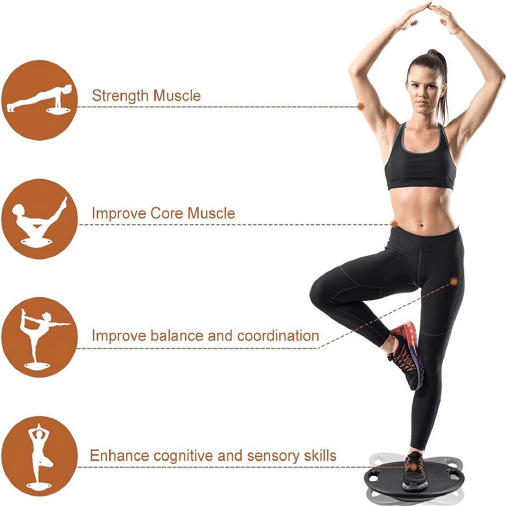 Woman balancing on exercise board, highlighting benefits: strength, core improvement, balance, and enhanced cognitive skills.