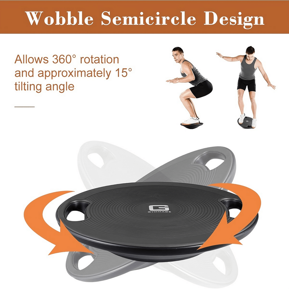 Balance board with wobble semicircle design for 360° rotation and 15° tilting angle, ideal for stability and core training.