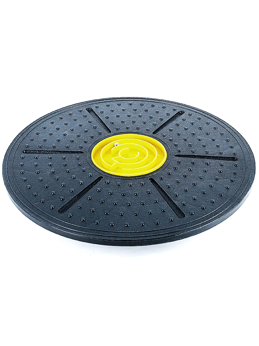 Black balance board with yellow maze, ideal for core strength and coordination exercises, featuring a non-slip surface.