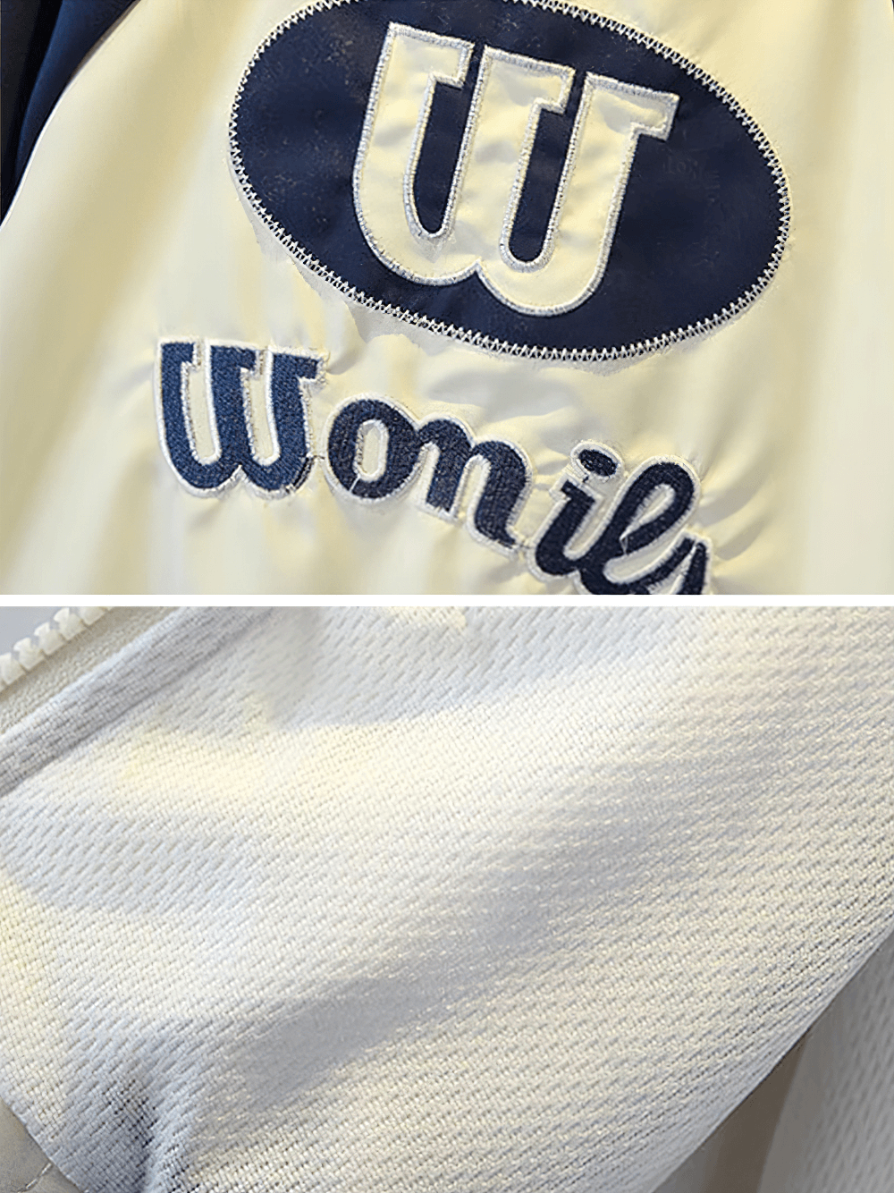 Close-up of kids' baseball jacket with letter print and smooth fabric texture, featuring stylish design details.