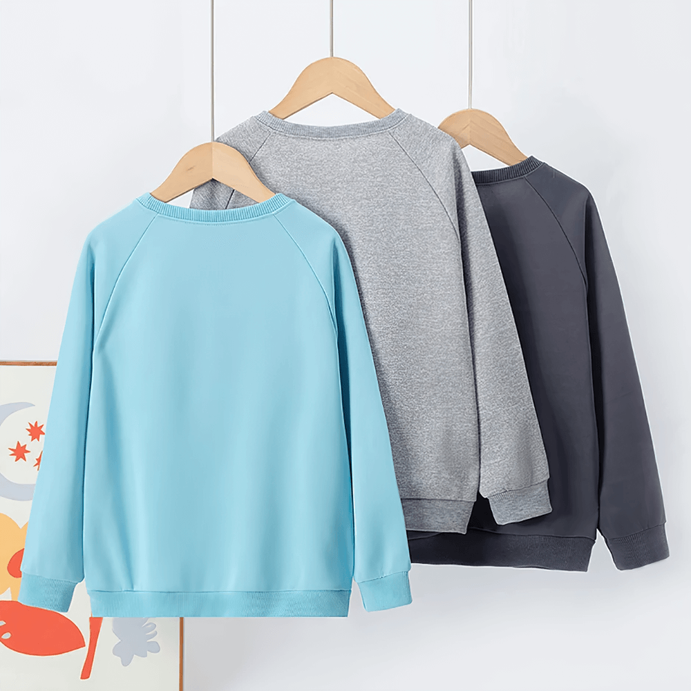 Basic Crew Neck Solid Color Sweatshirt - SF3539 in blue, grey, and black on hangers