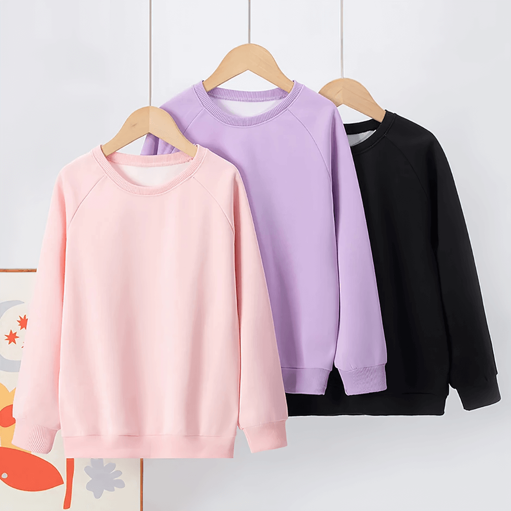 Basic Crew Neck Solid Color Sweatshirt - SF3539 in pastel shades, kids casual fleece pullover with ribbed cuffs showcased on hangers.