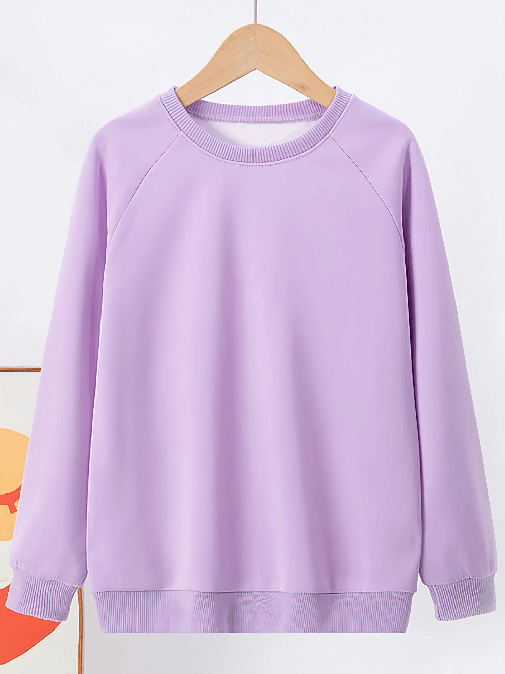 Lilac Basic Crew Neck Solid Color Sweatshirt - SF3539 for kids, featuring a minimal design and soft fleece fabric on a hanger.