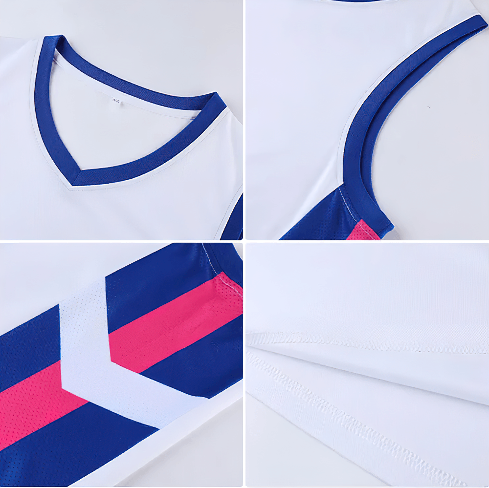 Basketball Jersey and Shorts Set for Running Sport - SF4568 close-up showing V-neck and color block design.