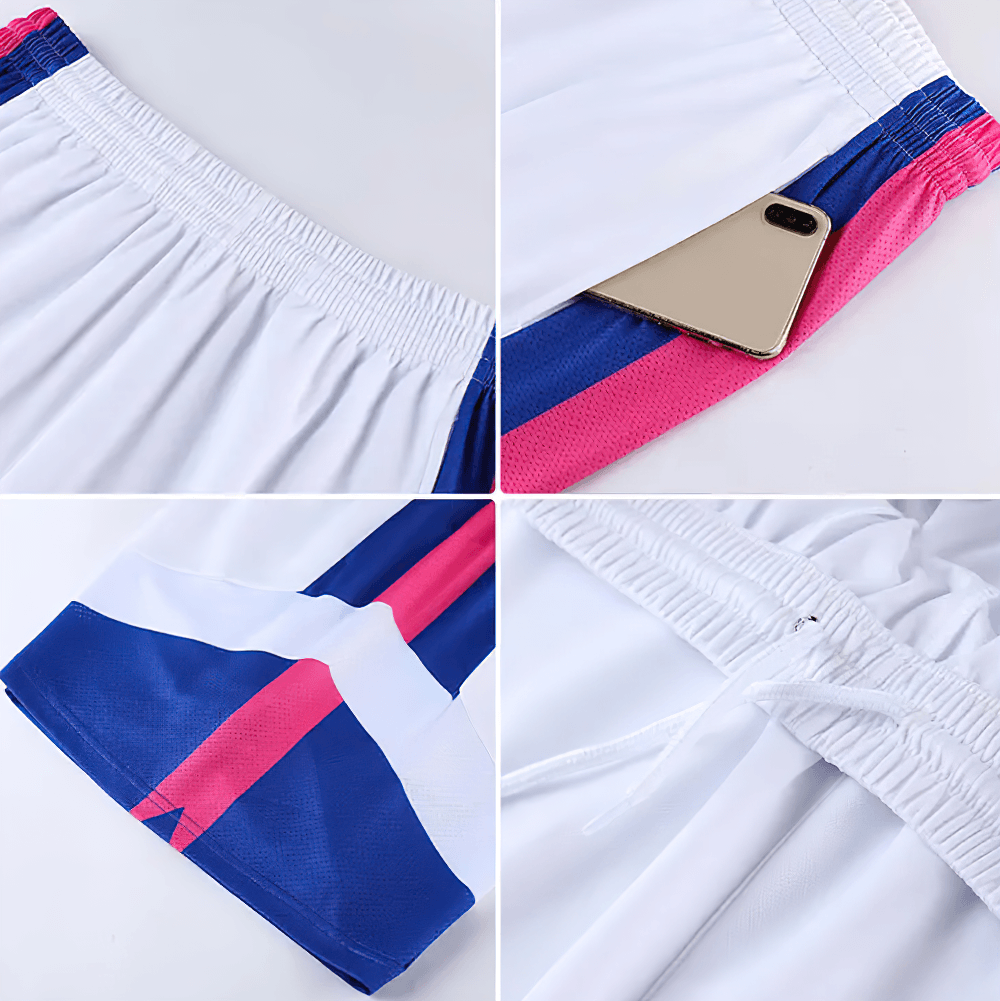 Basketball Jersey and Shorts Set for Running Sport - SF4568 close-up of shorts showing pockets and color block design.